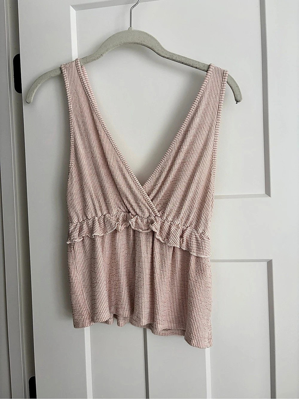 Caution To The Wind Pink White Striped Ribbed Wrap Peplum Top Wrap Peplum Tank